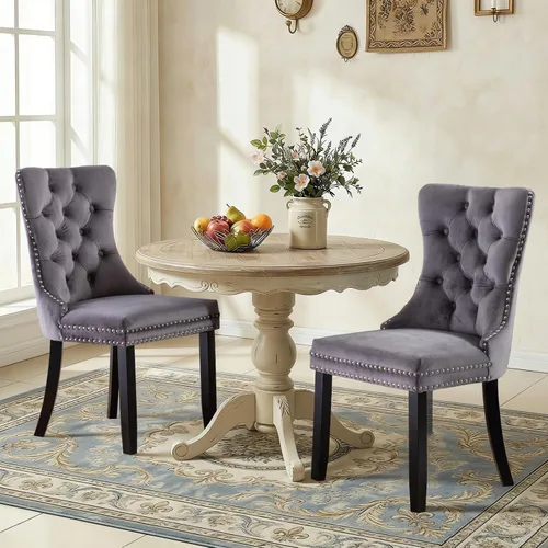 Vista 30 de SoarFlash Juego de 2 sillas de comedor de terciopelo, silla lateral de respaldo alto, silla lateral moderna tapizada de alta gama con botones Beige