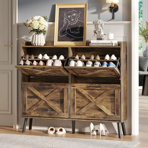 Vista 27 de Maupvit Gabinete de almacenamiento para zapatos con 2 cajones abatibles, organizador independiente con patas de metal para entrada, gabinete Beige