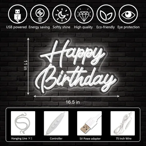 Vista 5 de Letrero de neón de feliz cumpleaños, reutilizable, luz LED blanca de neón, decoración de fiesta de cumpleaños, funciona con USB, decorativo