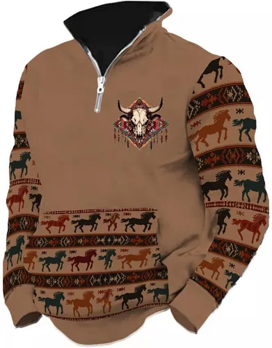 Vista 20 de LOAIHA Native American - Sudadera con capucha para hombre, manga larga, cremallera de 1/4, chaqueta vaquera