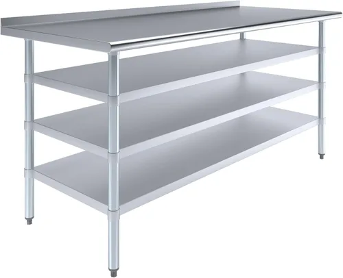 Vista 11 de Mesa de trabajo de acero inoxidable con protector contra salpicaduras de 1.5 pulgadas y 3 estantes, mesa de metal para preparación de alimentos