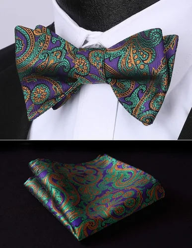 Vista 165 de HISDERN Pajaritas para hombre, corbatín de cachemira para hombre, corbata de lazo y bolsillo cuadrado, juego formal de esmoquin para boda