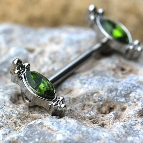 Vista 3 de Pierced Owl 14GA 316L acero inoxidable verde adornado CZ cristal pezón Barbells, se vende por par, Metal, Circonia cúbica