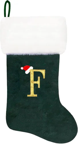 Vista 46 de Calcetines de Navidad bordados de 20 pulgadas con monograma, terciopelo negro con puño de felpa blanca supersuave, adornos clásicos para decoración