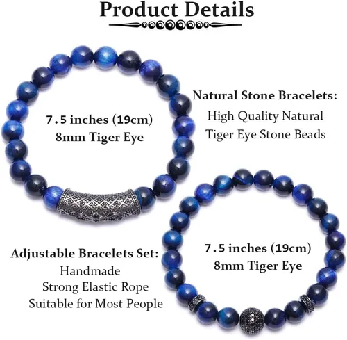 Vista 3 de BOMAIL - Pulsera elástica de piedras de ojo de tigre de 8 mm para mujeres y hombres