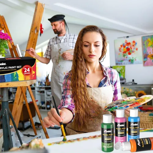 Vista 7 de ABEIER Juego de pintura acrílica, 24 colores (60ml/2oz) con 12 pinceles de pintura, no tóxico, resistente al agua, fuerte cobertura para niños