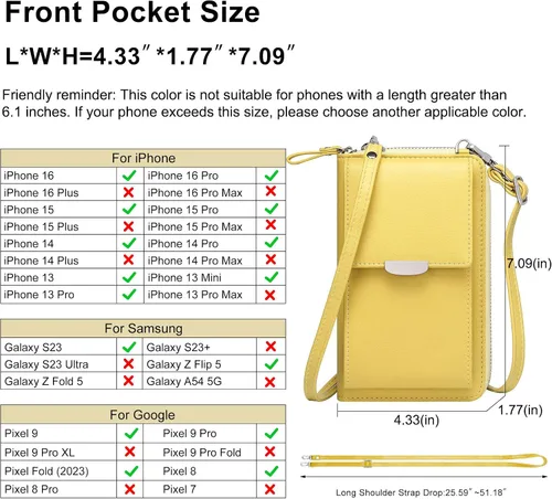 Vista 3 de KUKOO Small Crossbody Bag Cell Phone Purse Wallet with Credit Card Slots for Women A- Versión mejorada con cremallera amarilla