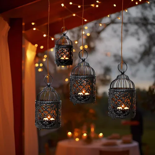 Vista 6 de JHY DESIGN 6 portavelas de metal pequeño de 5.5 pulgadas de altura para colgar en jaula de pájaros, farol de té huecos, portavelas huecos para mesa