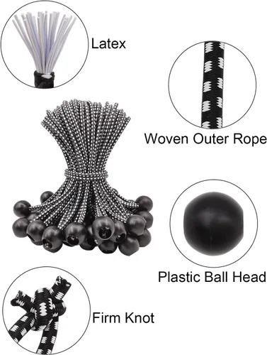 Vista 2 de Cuerdas elásticas de bolas de 6 pulgadas, 25 cuerdas elásticas pequeñas con bolas, mini bolas elásticas resistentes al aire libre para lona, toldo