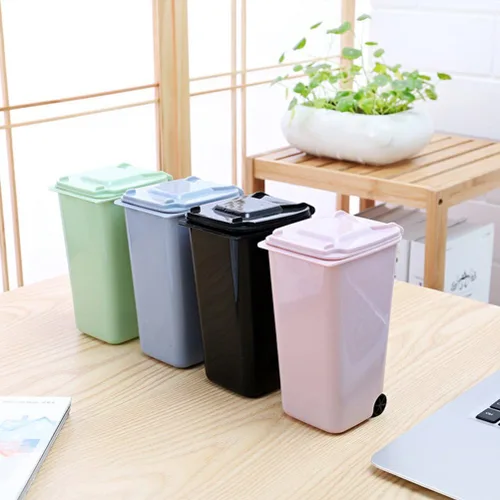 Vista 2 de TOYMYTOY Juego de 4 cubos de basura de escritorio con tapa, organizador de basura de escritorio, contenedor de almacenamiento, bolígrafos, lápices