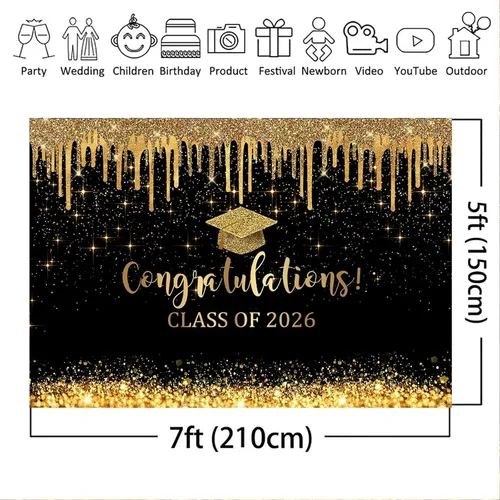 Vista 7 de Mocsicka Fondo de graduación de 7 x 5 pies 2026, decoraciones de graduación negro y dorado, pancarta de felicitaciones de graduación 2026, fondo