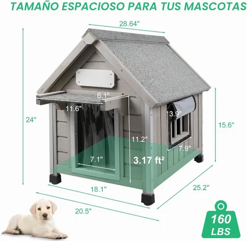 Vista 3 de PetsCosset Casa para perros al aire libre de 20.5 pulgadas de largo con techo de asfalto impermeable para perros pequeños a medianos, perrera grande