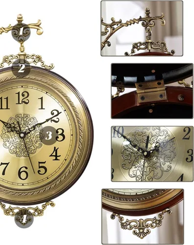 Vista 3 de Reloj de pared retro de doble cara, decoración de aleación, números romanos y árabes giratorios de 360°, funciona con pilas, relojes silenciosos