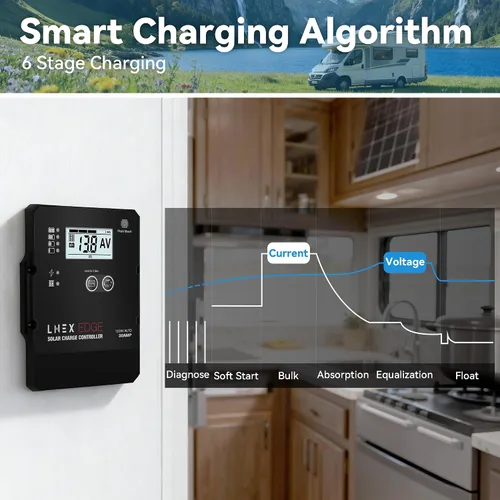Vista 5 de LNEX Controlador de carga solar con diseño de montaje empotrado, carga de 6 etapas con pantalla LCD 12V/24V controlador PWM automático 30A