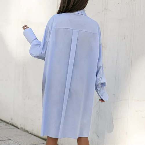 Vista 4 de Blusas de manga larga de otoño para mujer 2022, a la moda, casual, con cuello abotonado, unicolor, con dobladillo irregular