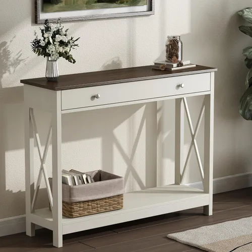 Vista 5 de Mesa consola de madera Treocho Farmhouse con cajón y estantes de almacenamiento, mesa de sofá estrecha para entrada, sala de estar, pasillo