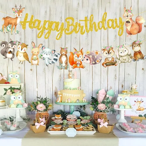 Vista 6 de Cartel de feliz cumpleaños de animales del bosque, decoraciones de criaturas del bosque, 2 piezas de pancartas recortadas de animales del bosque
