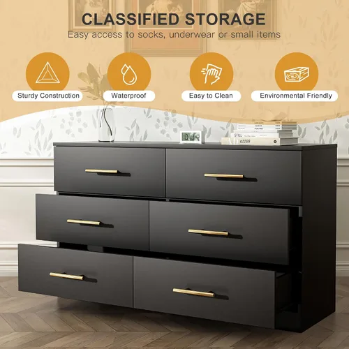 Vista 10 de Spaco Cómoda negra de 6 cajones con mango dorado, cómoda moderna de 6 cajones profundos para dormitorio, cómoda de almacenamiento para armario, sala