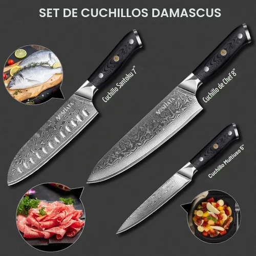 Vista 7 de MOSFiATA Juego de cuchillos de chef profesional de Damasco, 3 piezas, cuchillo de chef de 8 pulgadas, cuchillo Santoku de 7 pulgadas y cuchillo