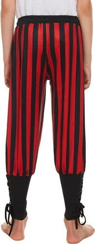 Vista 6 de WISHU Pantalones piratas medievales con bandas de tobillo para niños, disfraz de pirata vikingo renacentista, pantalones de rayas para Halloween