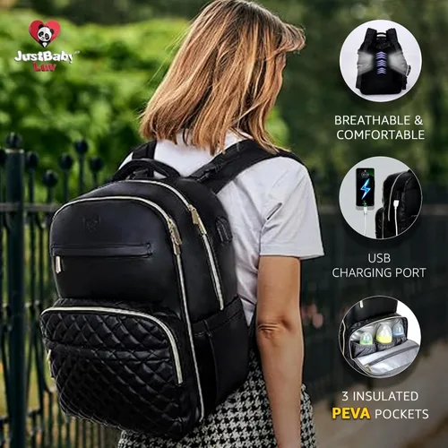 Vista 7 de Juego de mochila grande de piel sintética para pañales (3 piezas) – Bolsa de bebé con cambiador grande, organización de bolsillos aislados