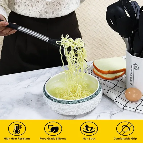 Vista 6 de Tenedor de silicona para pasta, cuchara de espagueti, para cocina, resistente al calor, cuchara de pasta de grado alimenticio con mango de acero