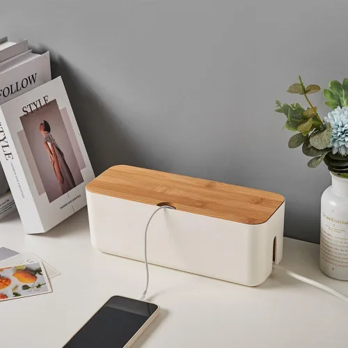 Vista 2 de Wooden cover cable storage box designed for organizing power strips, chargers, and USB devices in office or home (White)