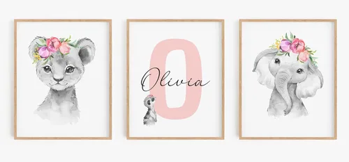 Vista 12 de Juego de arte de pared personalizado de safari para guardería, impresiones de animales de la selva con nombre personalizado, imágenes de decoración