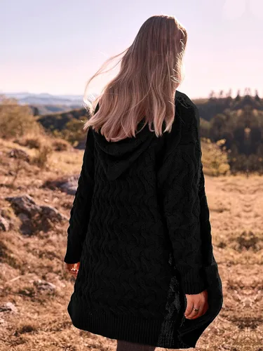 Vista 6 de MASCOMODA Suéter de manga larga con capucha para mujer, suéter de punto trenzado con botones para invierno