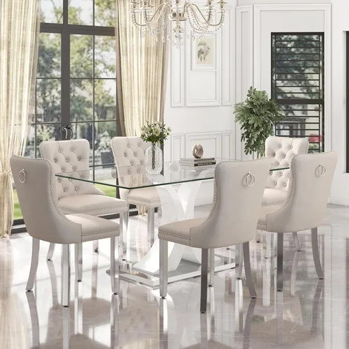 Vista 8 de Juego de comedor de cristal moderno de lujo de 7 piezas, juego de cena rectangular minimalista grande para 6, mesa de cocina de cristal transparente