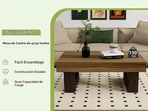 Vista 7 de Mesa de centro de granja, mesas centrales rectangulares de madera de 42 pulgadas con base gruesa, modernos muebles de té de cóctel bajos para sala
