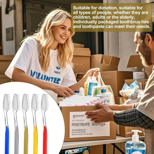 Vista 4 de Cepillos de dientes desechables con pasta de dientes envueltos individualmente, 5 colores, cepillo de dientes a granel y pasta de dientes, 0.35 oz