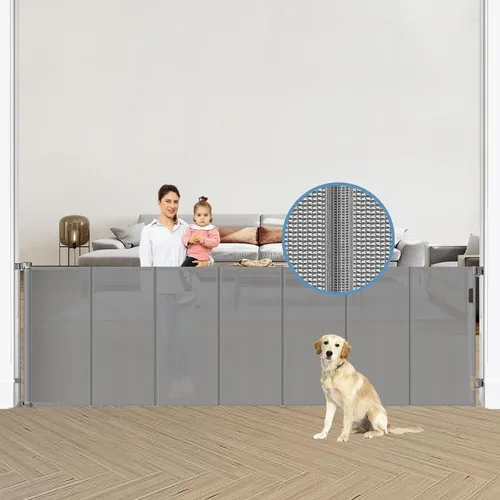 Vista 14 de Puertas retráctiles reforzadas para bebés con varillas de soporte, se extienden hasta 55" de ancho, puerta retráctil para perros para entradas