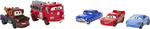 Vista 6 de Mattel Disney y Pixar Cars Vehículo de 5 paquetes con 4 autos de juguete de personajes y 1 camión de bomberos rojo inspirado en Radiator Springs