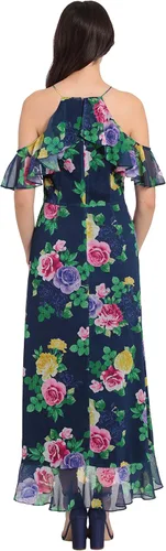 Vista 4 de London Times Vestido largo con hombros descubiertos y cuello halter para mujer, con volantes femeninos, ocasión para invitada de fiesta en el jardín
