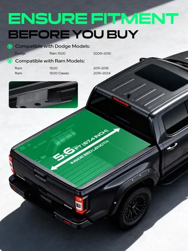 Vista 3 de YHTAUTO - Funda enrollable suave para caja de camioneta de 5.6 pies (67.4") compatible con Dodge Ram 1500 2009-2018, Ram 1500 Classic 2019-2024, sin