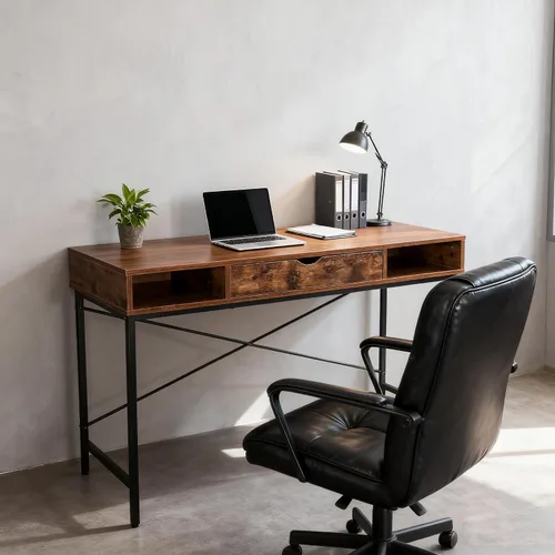 Vista 4 de JJS Escritorio de 48 pies con toma de corriente, escritorio grande contemporáneo para oficina en casa, estación de trabajo para computadora portátil