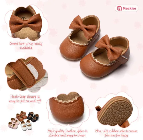 Vista 5 de Meckior Zapatos deportivos para bebé y niñas, suela suave, con lazo, princesa, vestido de boda, Mary Jane, planos, para recién nacidos, ligeros