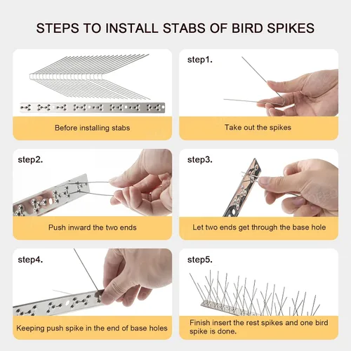 Vista 5 de OFFO - Púas para pájaros con base de acero inoxidable, Púas resistentes para aves en forma de flecha, kit de púas para palomas para mantener
