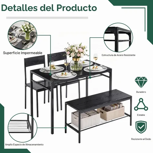 Vista 7 de VECELO Mesa de comedor de cocina con 2 sillas y banco, diseño compacto que ahorra espacio, marco de acero de fácil montaje, perfecta