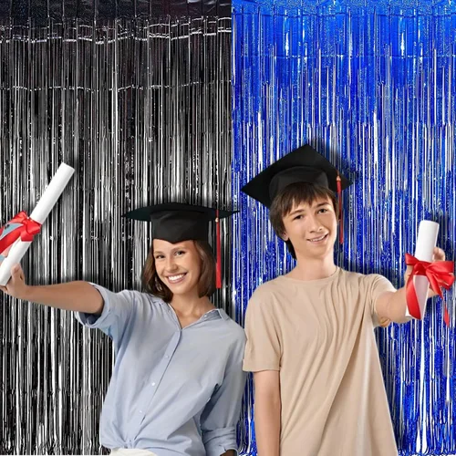 Vista 4 de Cortina de Flecos de Papel Aluminio para Decoración de Fiesta - Telón de Fondo Negro Azul Metálico de Oropel para Fotomatón, Cortinas de Serpentinas