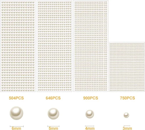 Vista 2 de 2800 calcomanías de perlas blancas con parte trasera plana, perlas semicirculares para manualidades, 4 hojas de calcomanías de perlas autoadhesivas