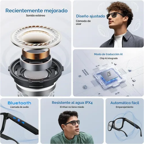 Vista 4 de Lentes inteligentes AI, lentes Bluetooth con traducción en línea de más de 140 idiomas, lentes fotocrómicas, micrófono y altavoces integrados, lente