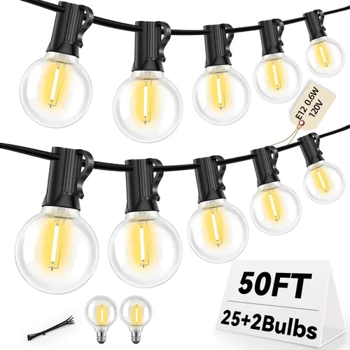 Vista 8 de Luces de cadena LED G40 para exteriores de 25 pies con 12+1 bombillas, enchufe E12, blanco cálido de 2700K, grado comercial, resistente a