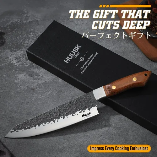 Vista 2 de Huusk Cuchillo de chef japonés de 8 pulgadas, cuchillos de cocina forjados a mano con mango ergonómico de espiga completa, cuchillo de cocina