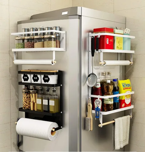 Vista 3 de Organizador de estante para refrigerador, soporte magnético para toallas de papel, para cocina, refrigerador, especias, almacenamiento (negro)