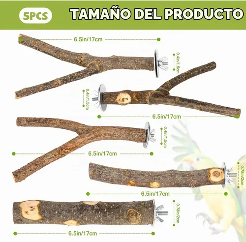 Vista 2 de 5 piezas de percha de madera natural para pájaros - Juego de perchas de rama recta y bifurcada, accesorios para jaula de pájaros para aves pequeñas