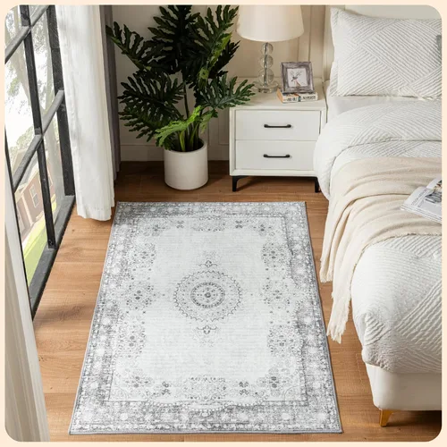 Vista 204 de Istana Alfombra larga antideslizante de 2.5 x 8 para el hogar, para pasillo y cocina, lavable, sedosa y suave al tacto, elegante, color azul y marfil