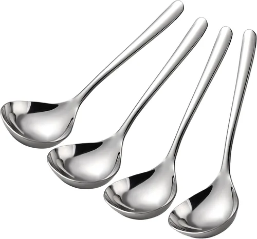 Vista 4 de Cucharas de sopa de acero inoxidable para ramen, juego de 4 cucharas de sopa asiáticas pulidas con espejo (mango corto)