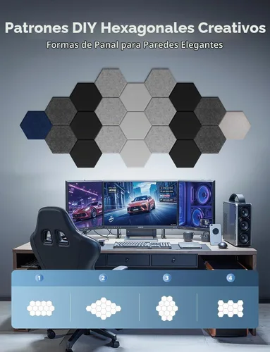 Vista 2 de Paneles de pared acústicos hexagonales autoadhesivos, paquete de 12 azulejos absorbentes de sonido para paredes y puertas, panel interior decorativo